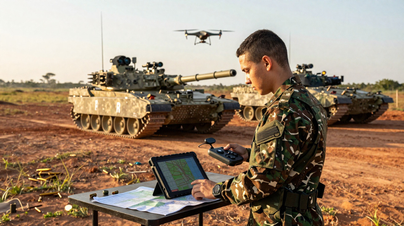 Militar operando drone com controle remoto e tablet em campo com dois tanques de guerra ao fundo.