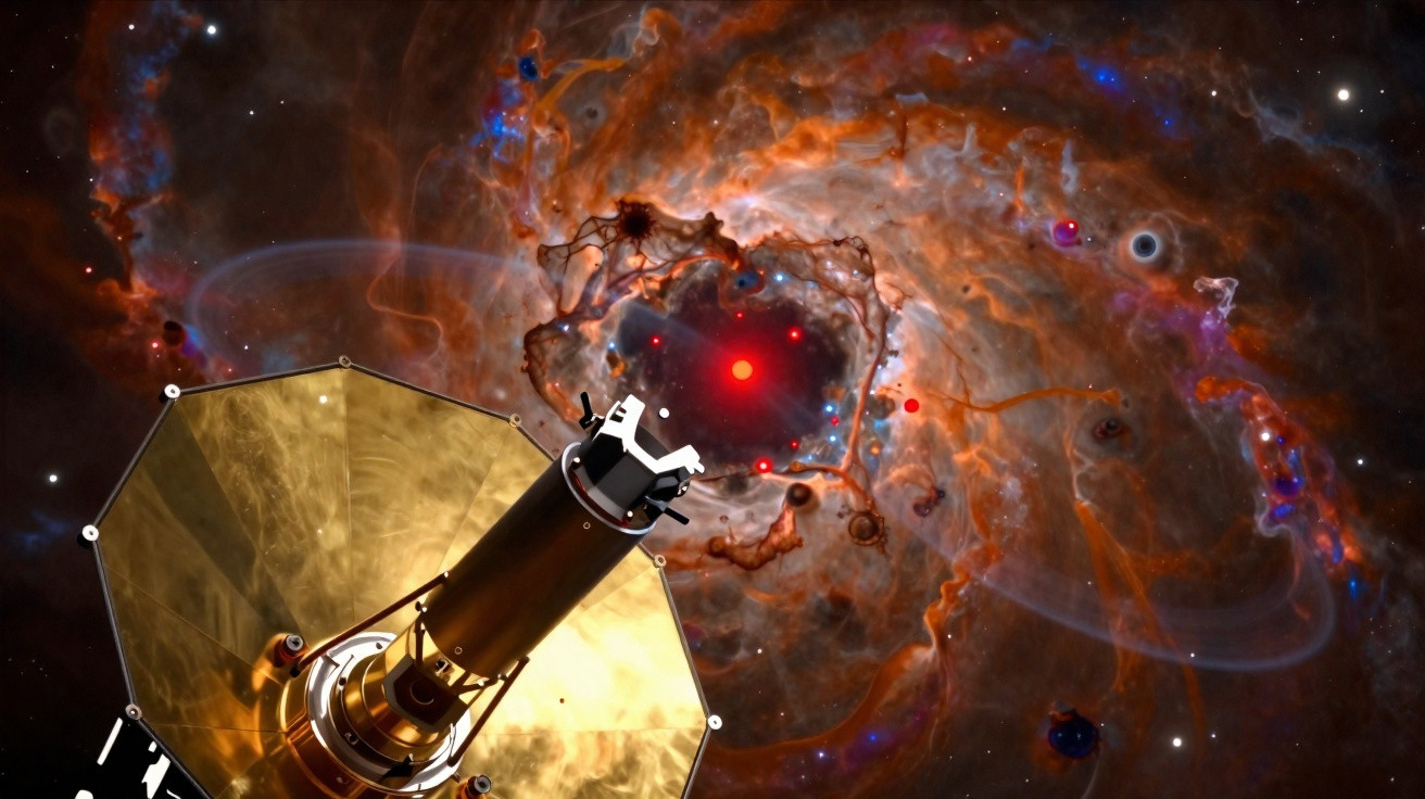 Telescópio espacial observando uma nebulosa colorida com nuvens de gás e estrelas ao fundo.