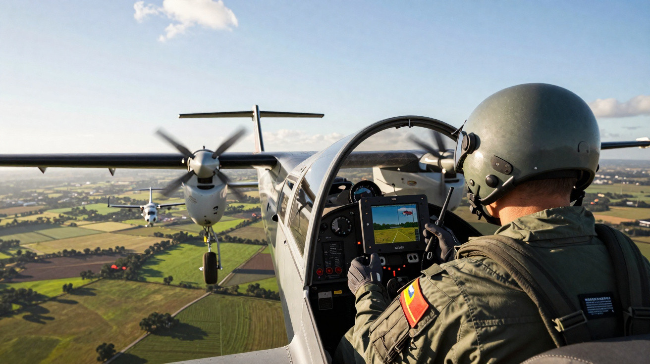 Piloto militar com capacete opera painel de controle dentro de avião, com outra aeronave ao fundo sobre campos agrícolas.