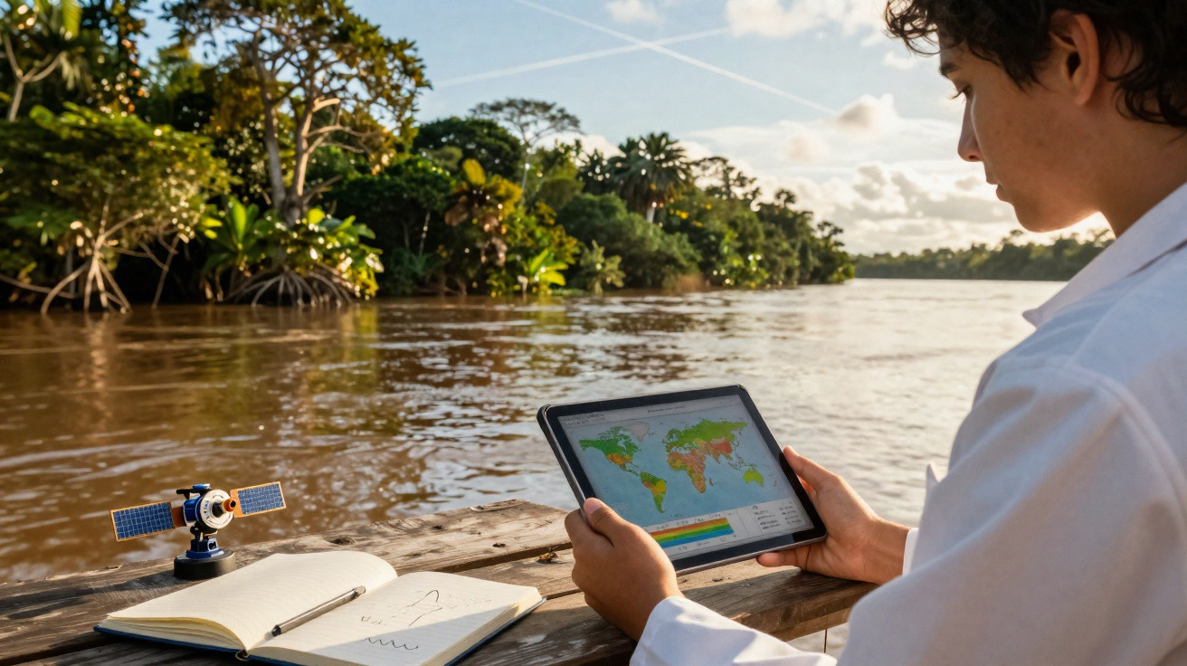 Pessoa usando tablet para analisar mapa climático às margens de rio com vegetação, ao lado de caderno e modelo de satélite.