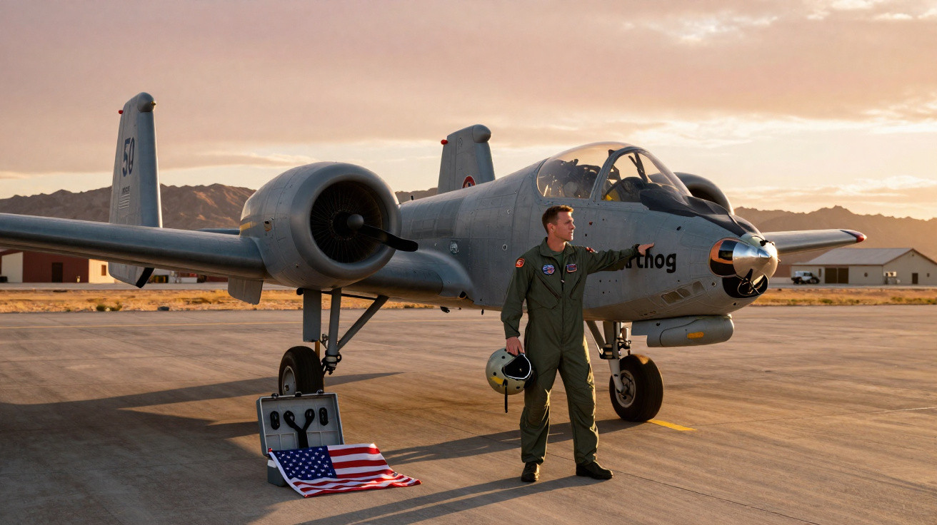 Piloto militar ao lado de avião A-10 Thunderbolt II em pista ao entardecer com bandeira dos EUA no chão.