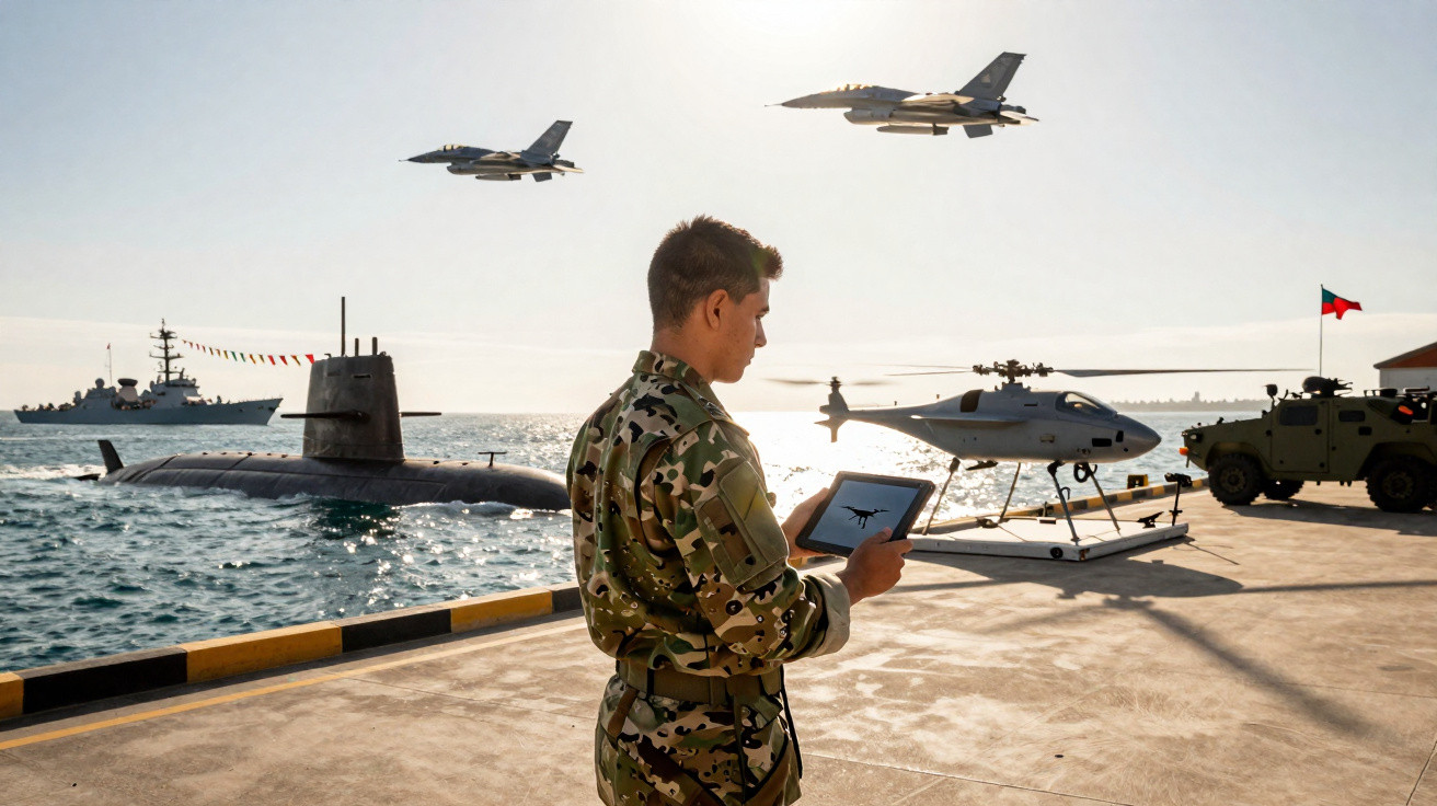 Militar em uniforme camuflado operando drone com submarino, navio, helicóptero aéreo e jatos de combate ao fundo.