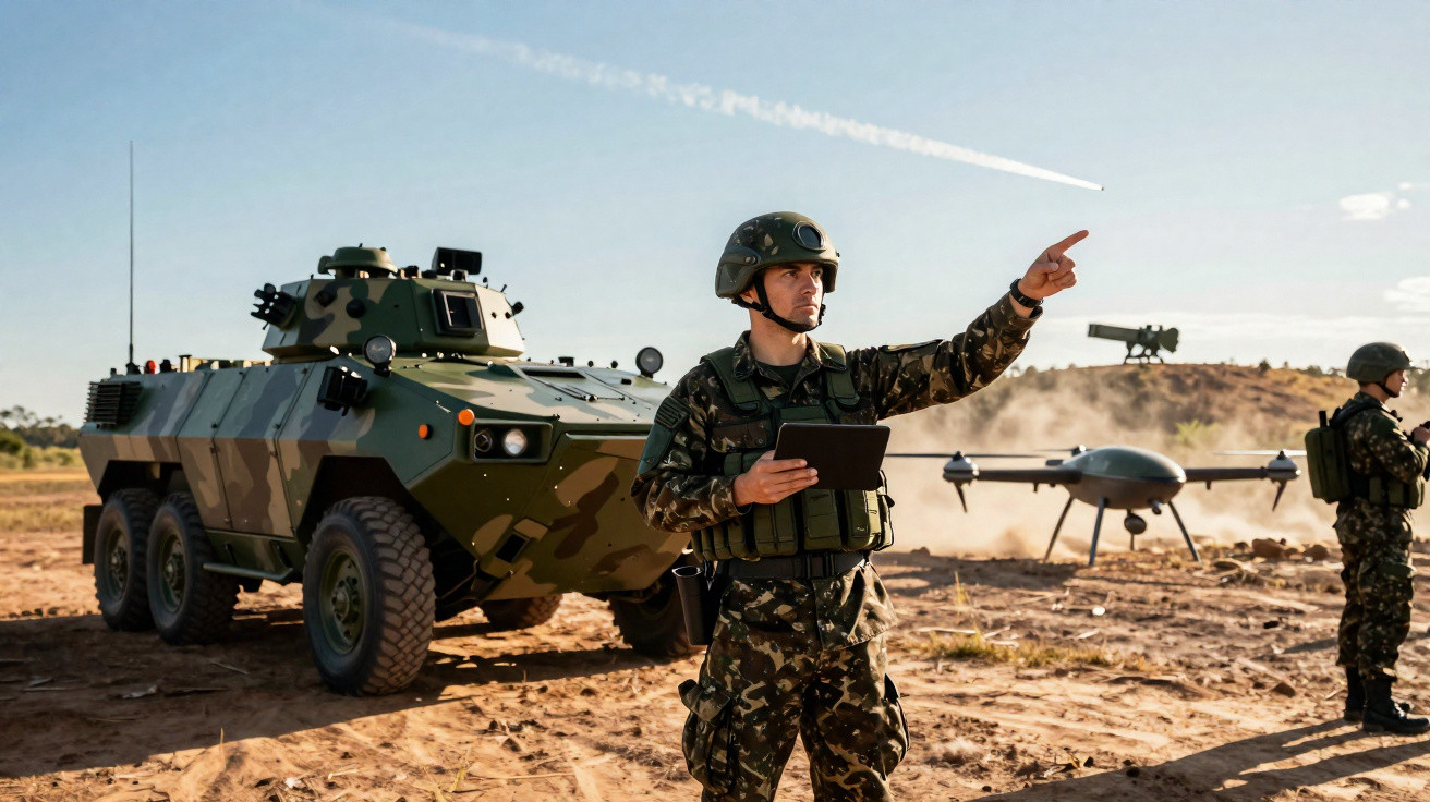 Soldados brasileiros com veículo blindado e drone em campo árido durante treinamento militar.