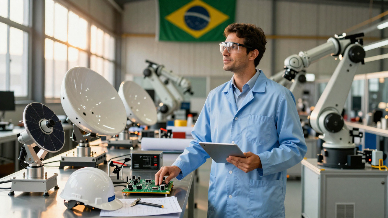 Engenheiro com jaleco e tablet em mesa com equipamentos eletrônicos e robôs industriais, com bandeira do Brasil ao fundo.