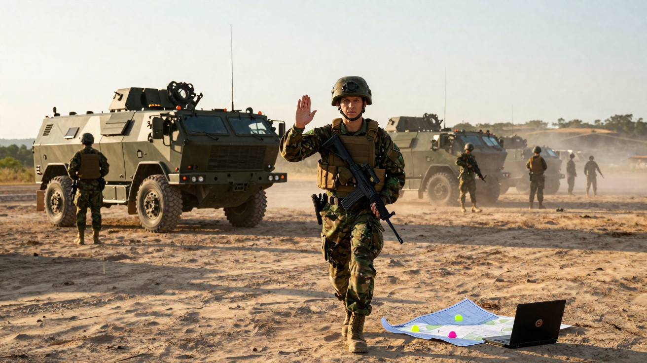 Soldado em uniforme de camuflagem gesticula com a mão levantada próximo a veículos militares em terreno seco.