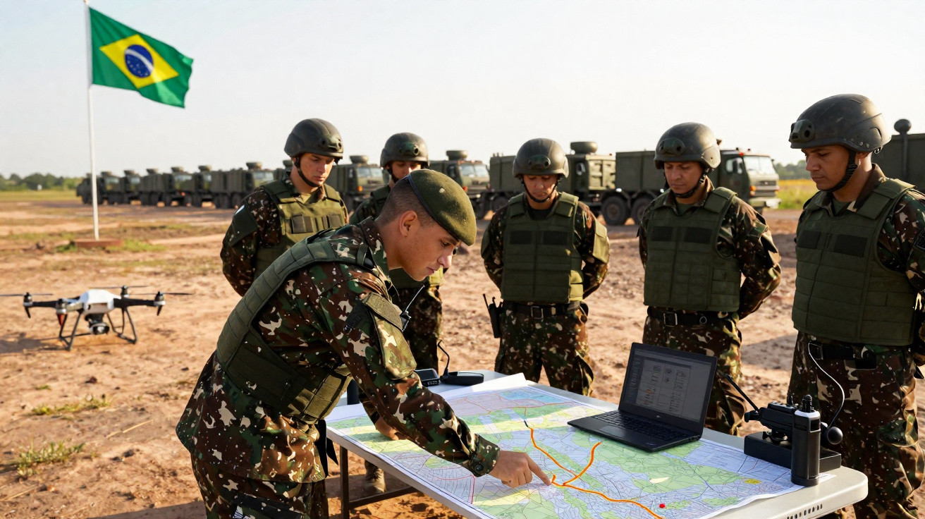 Militares brasileiros em operação de campo analisam mapa sobre mesa com laptop e drones ao fundo.