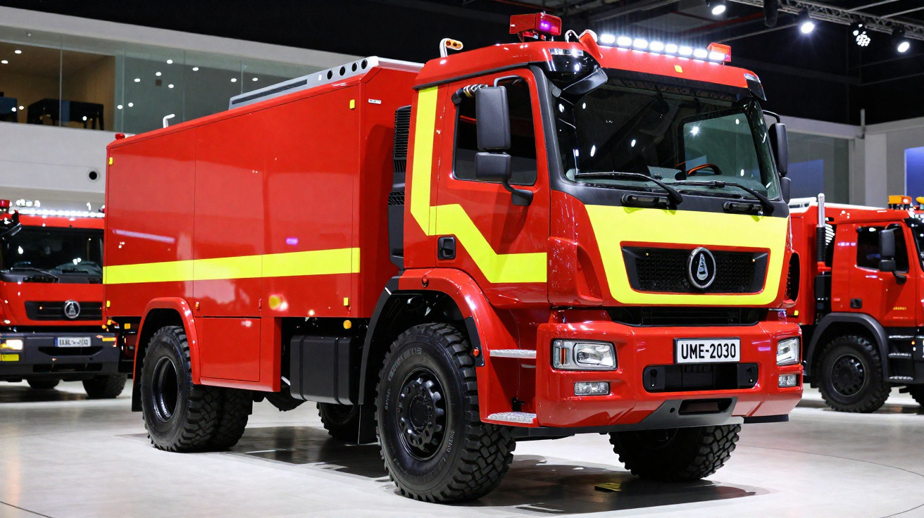 Caminhão de bombeiros vermelho com faixa amarela exposto em ambiente interno iluminado.