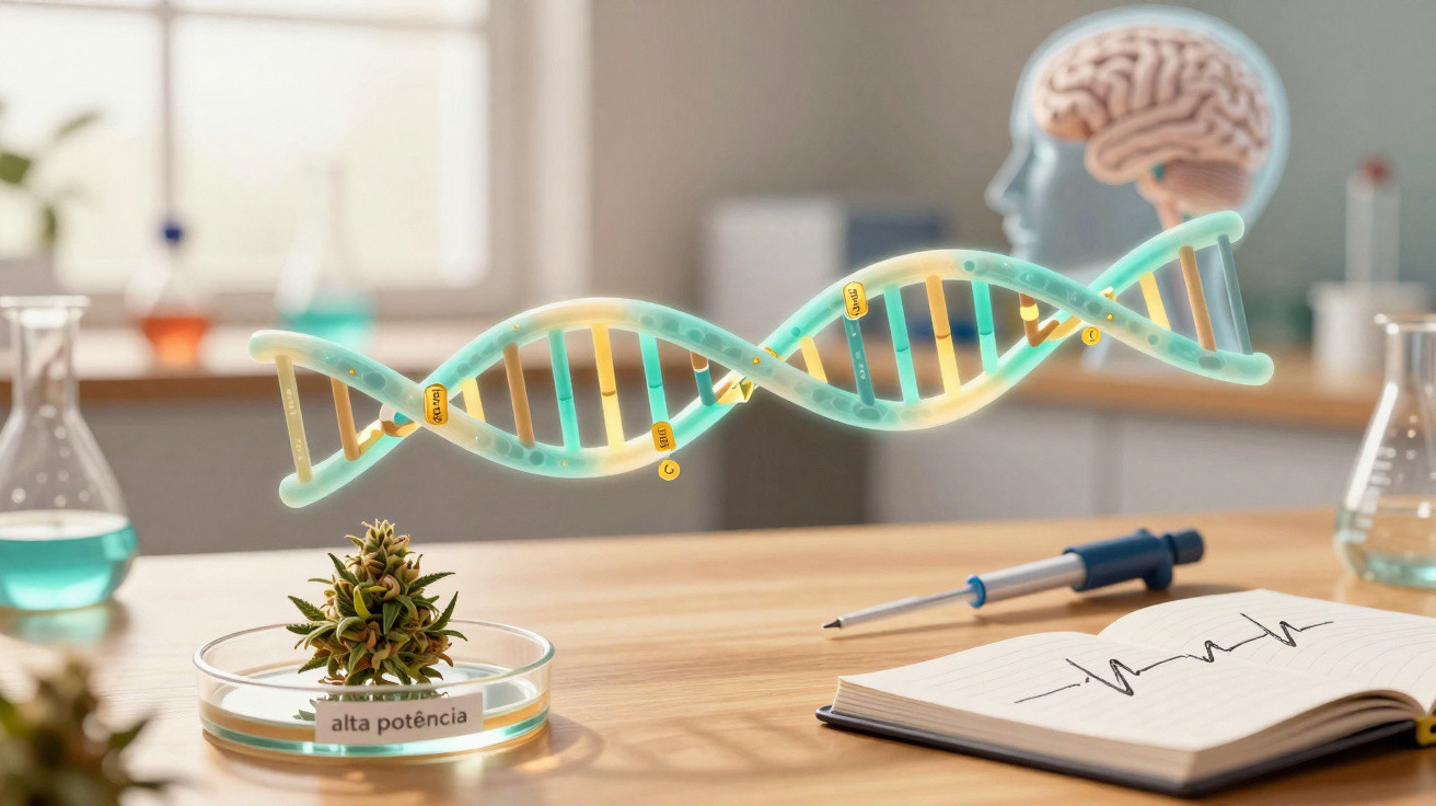 Laboratório com DNA flutuante, planta em lâmina, caderno com gráfico e modelo de cérebro ao fundo.