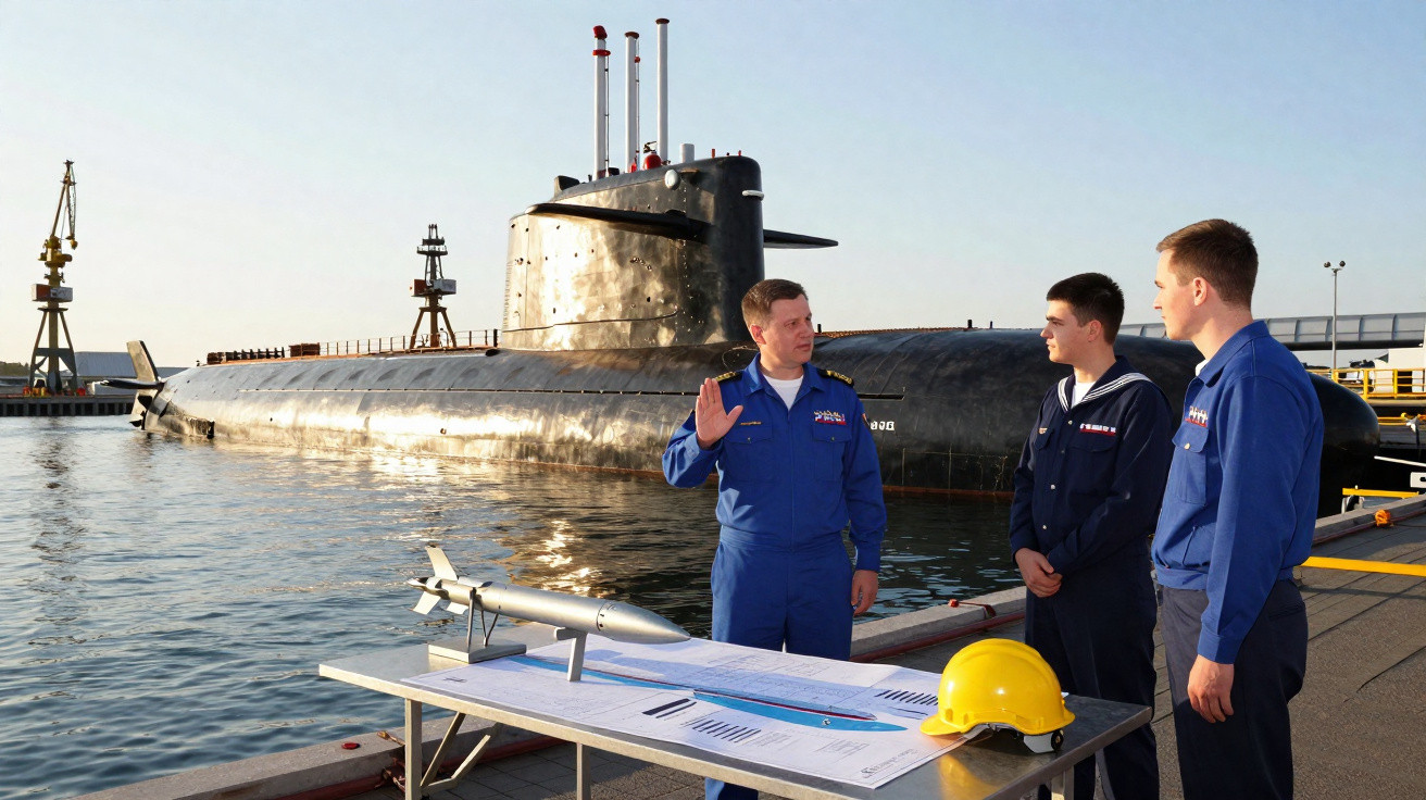 Três homens em uniformes azuis discutem com prancha e capacete amarelo em doca ao lado de submarino preto.