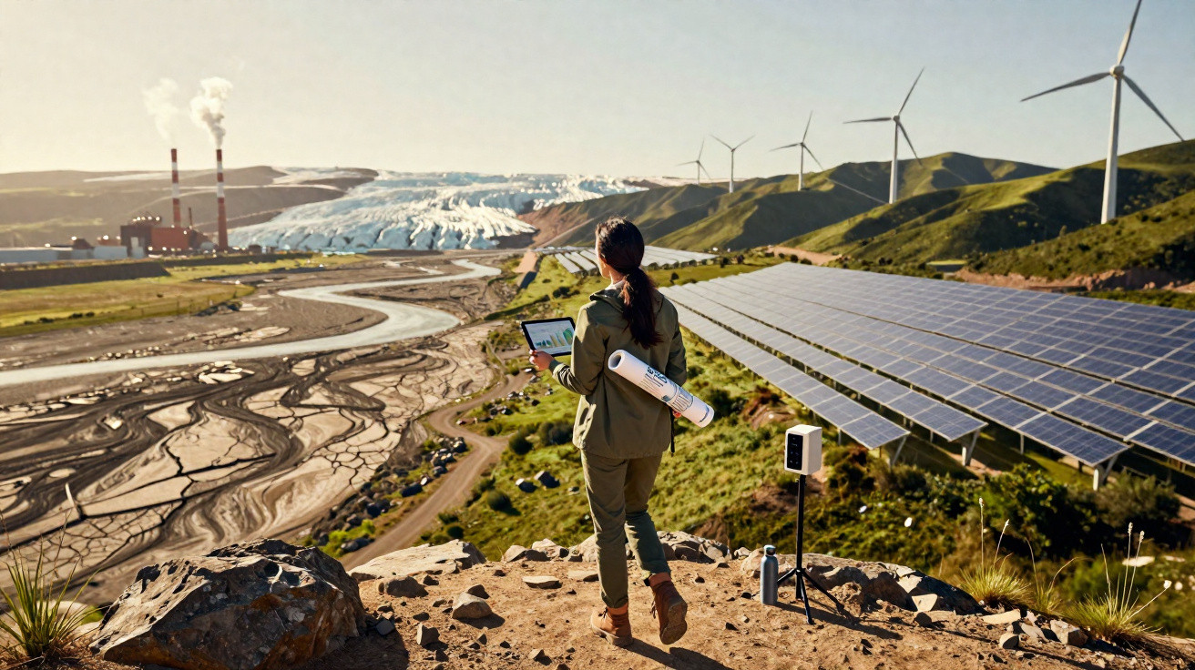 Pessoa no topo de uma colina com painéis solares e turbinas eólicas, observando área industrial e glaciar.