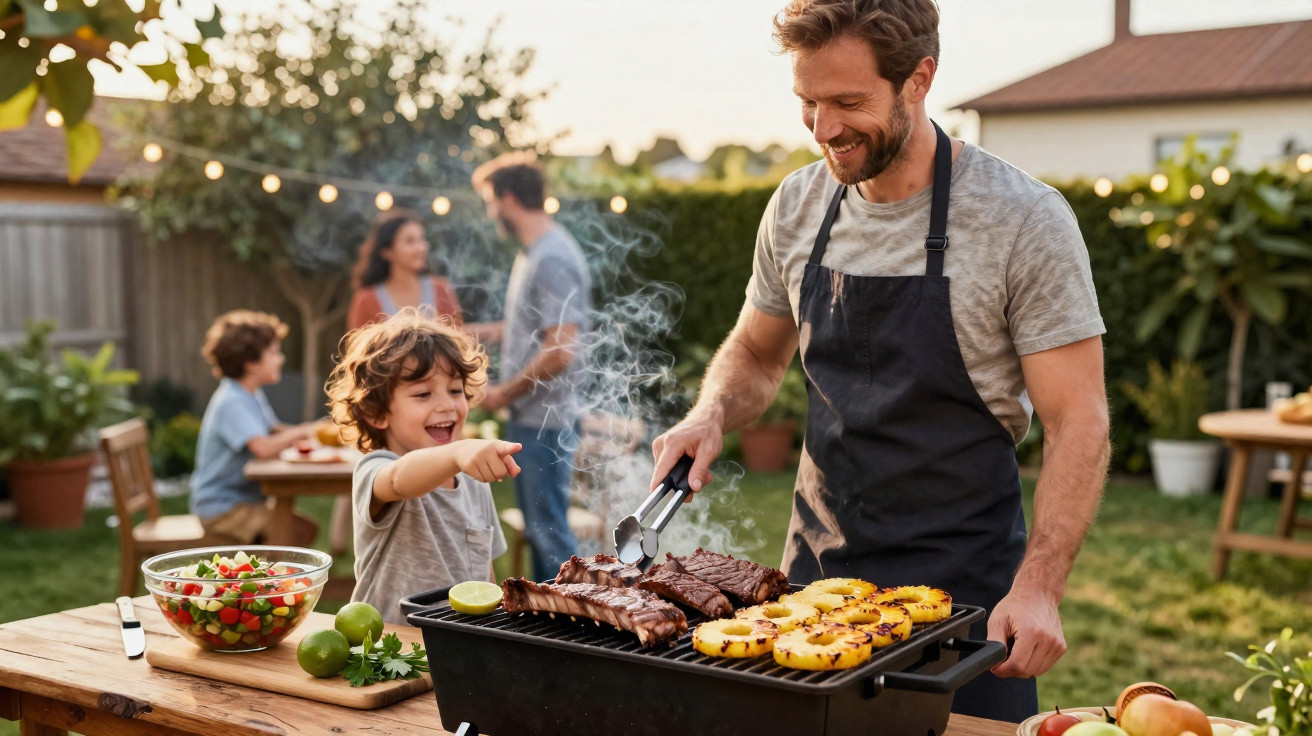 Pai e filho assando carne e abacaxi no churrasco enquanto família conversa no fundo em jardim.