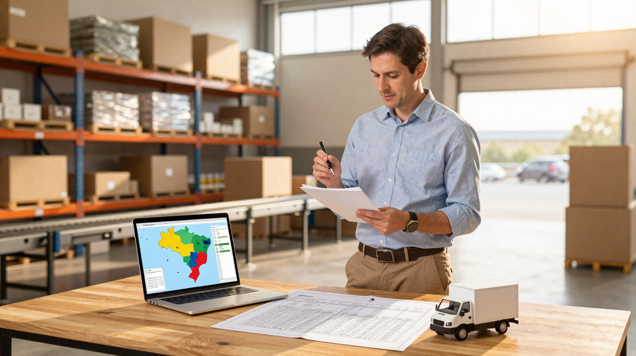 Homem analisando documentos em mesa com mapa do Brasil no laptop e miniatura de caminhão em armazém.