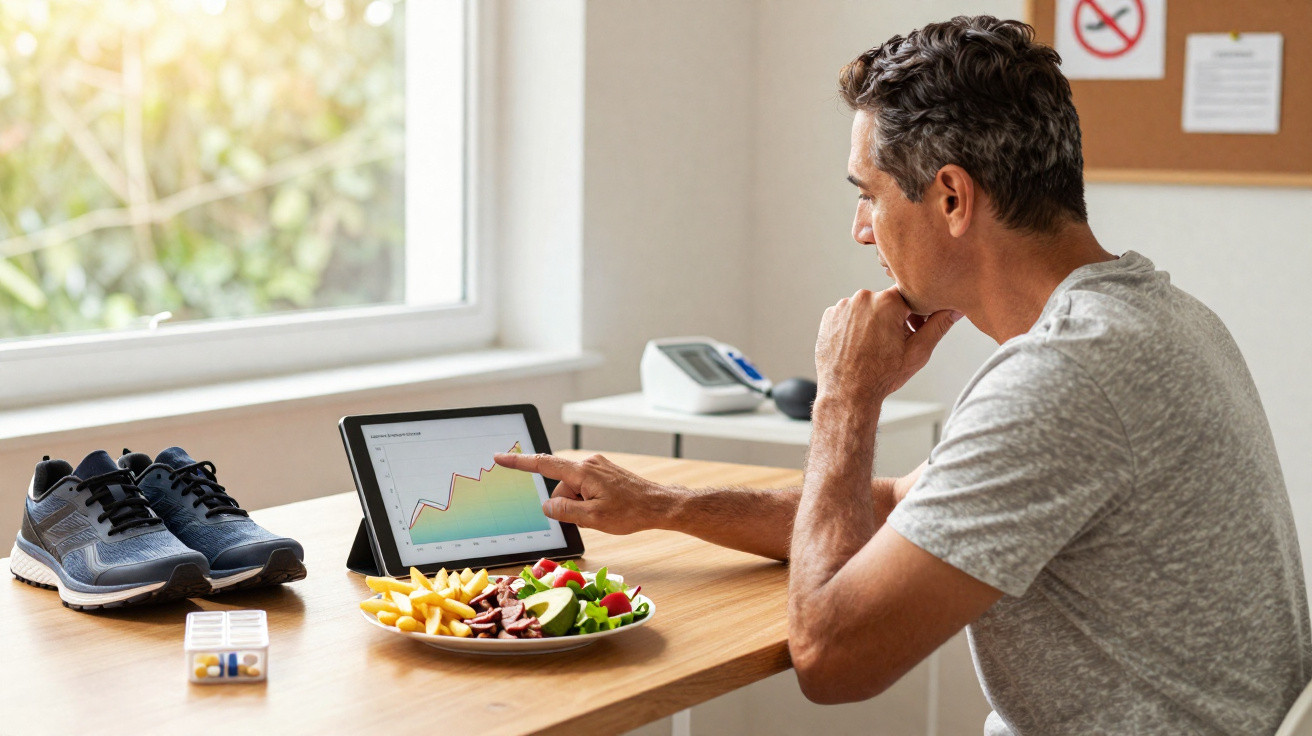 Homem analisa gráfico em tablet sentado à mesa com alimentos saudáveis, sapatos esportivos e remédios.