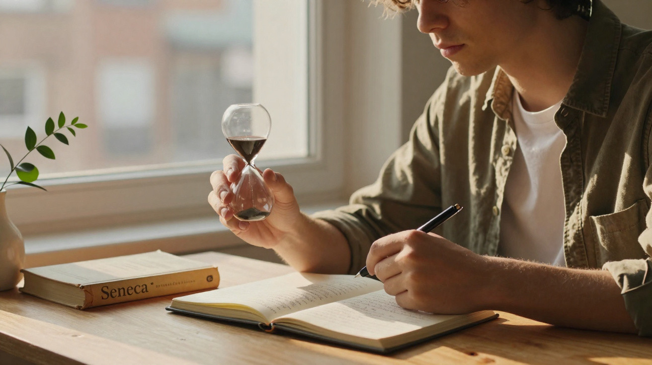 Jovem segurando ampulheta enquanto escreve em caderno próximo a livro e vaso com planta na mesa.