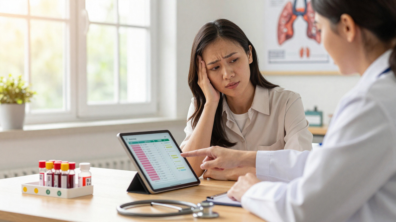 Mulher preocupada conversando com médica que mostra resultados de exames em tablet em consultório.