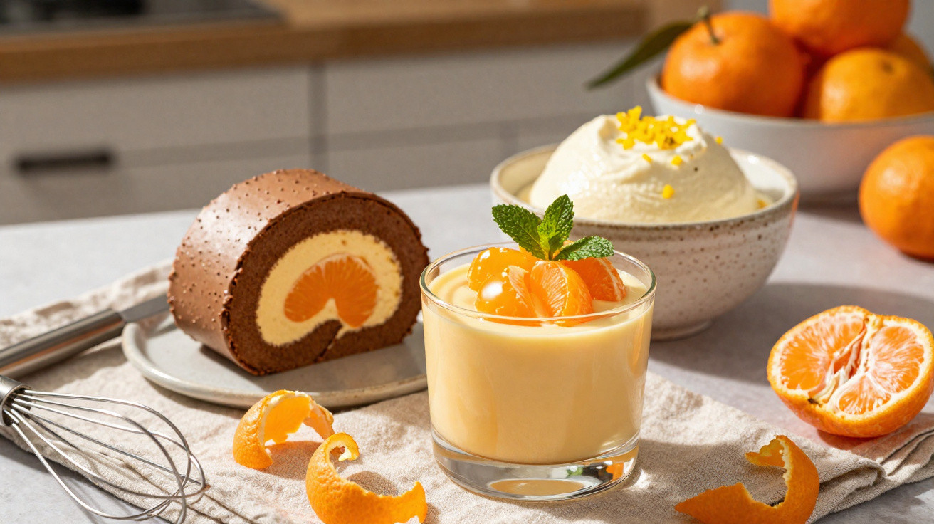 Sobremesas com creme e laranja, bolo rocambole de chocolate e frutas frescas sobre mesa clara.