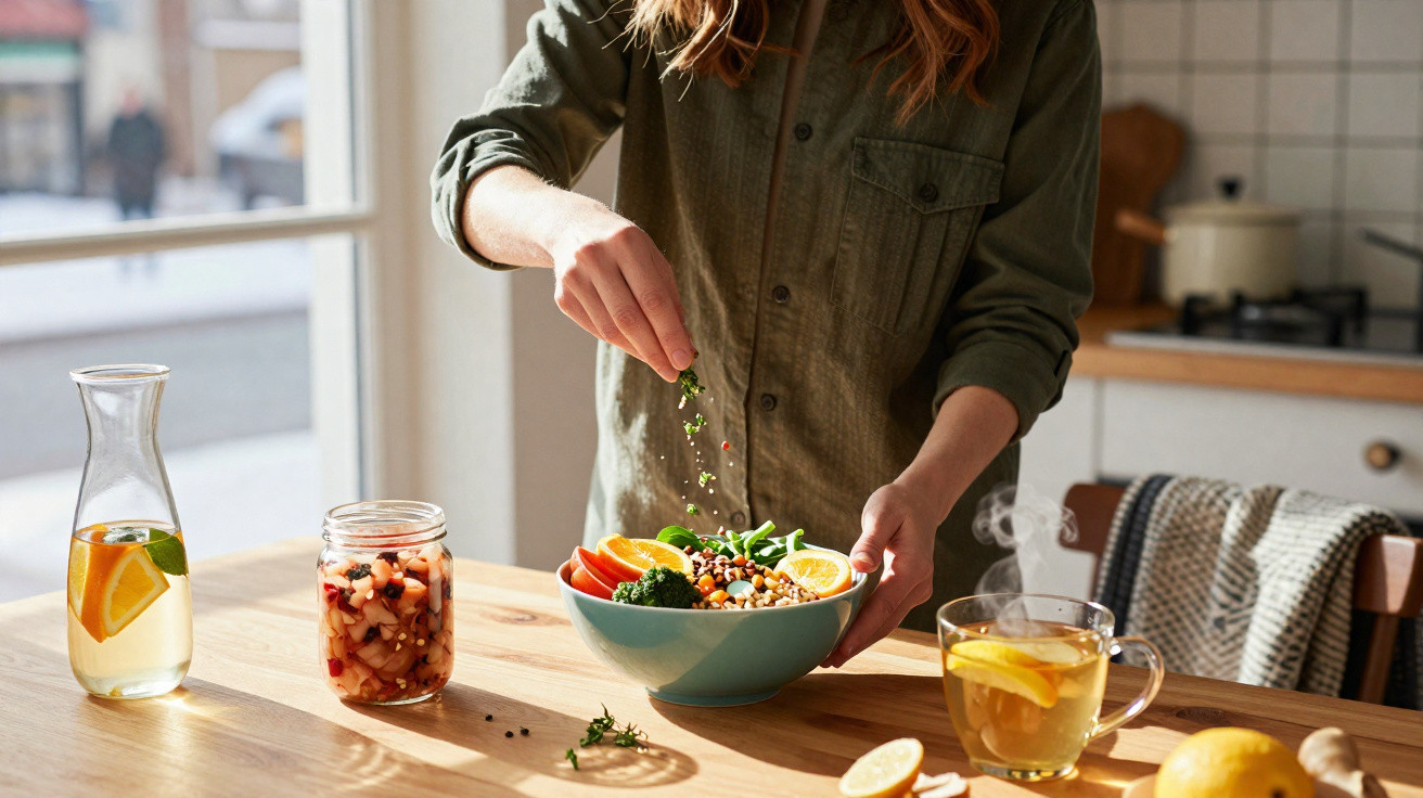 Pessoa temperando salada em tigela com jarra de água saborizada e xícara de chá quente na mesa de madeira.