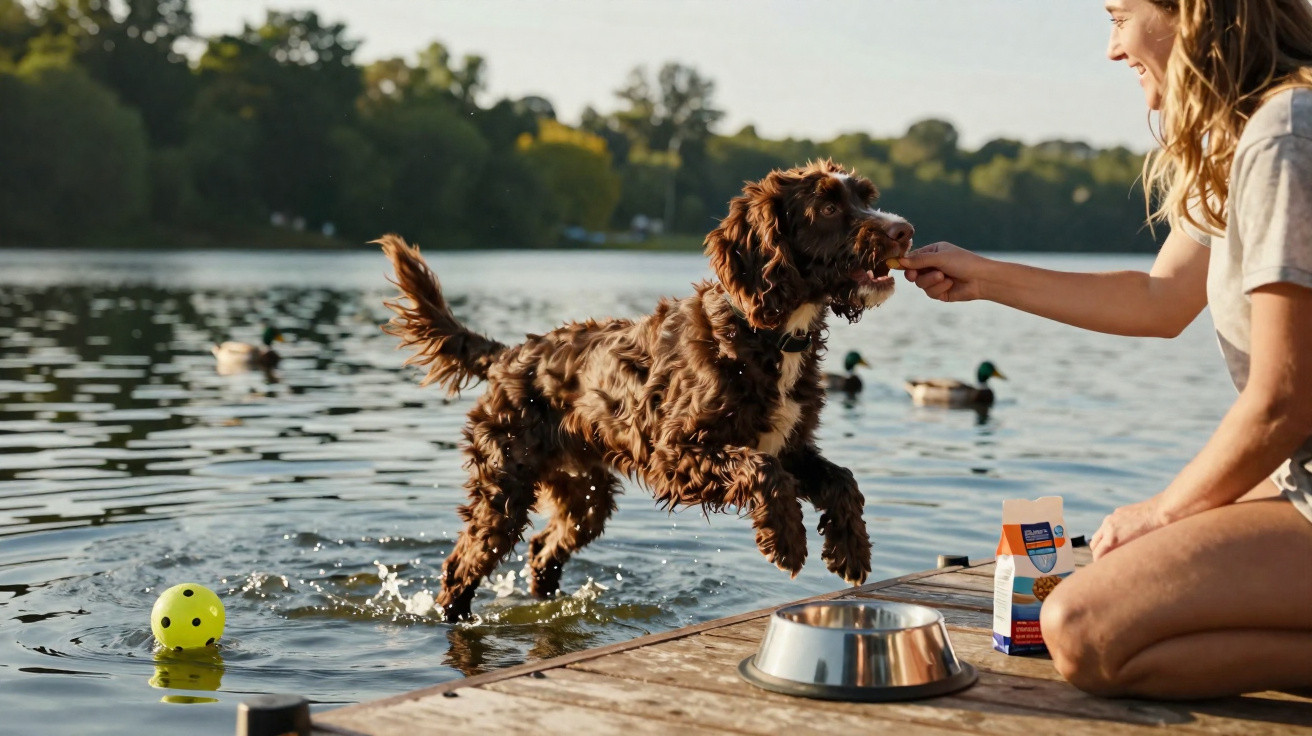 Mulher alimenta cachorro marrom que sai da água em um deck perto de um lago com patos ao fundo.