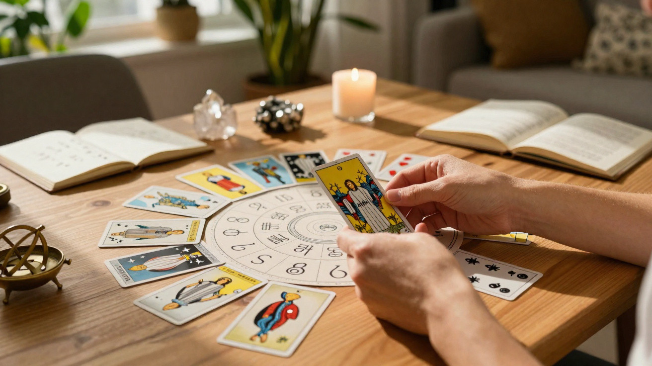 Pessoa segurando carta de tarô ao redor de cartas dispostas em círculo sobre mesa de madeira com livros e vela.