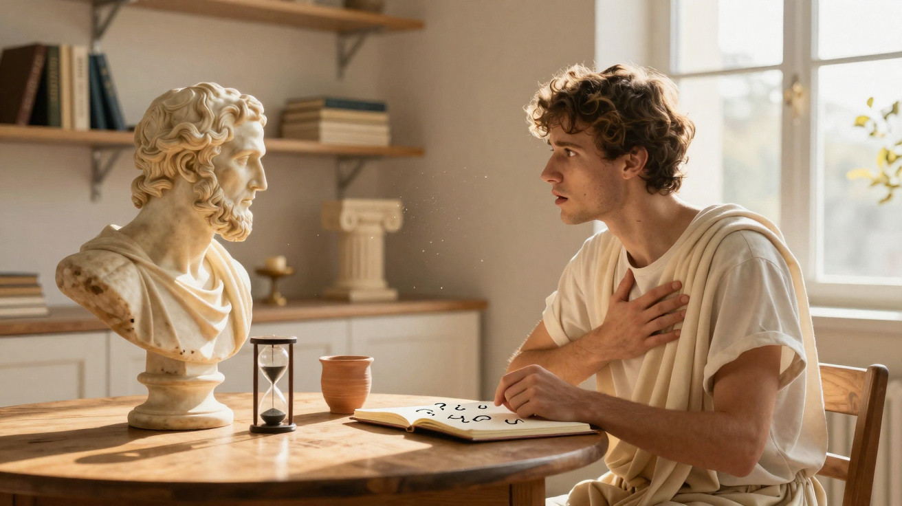 Jovem vestido à moda antiga conversa com busto de estátua clássica em mesa com ampulheta e livro aberto.