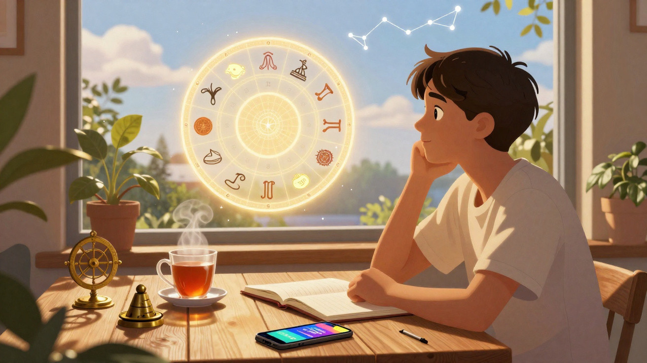 Jovem olhando pela janela para zodíaco iluminado, com livro, chá e telefone sobre a mesa.