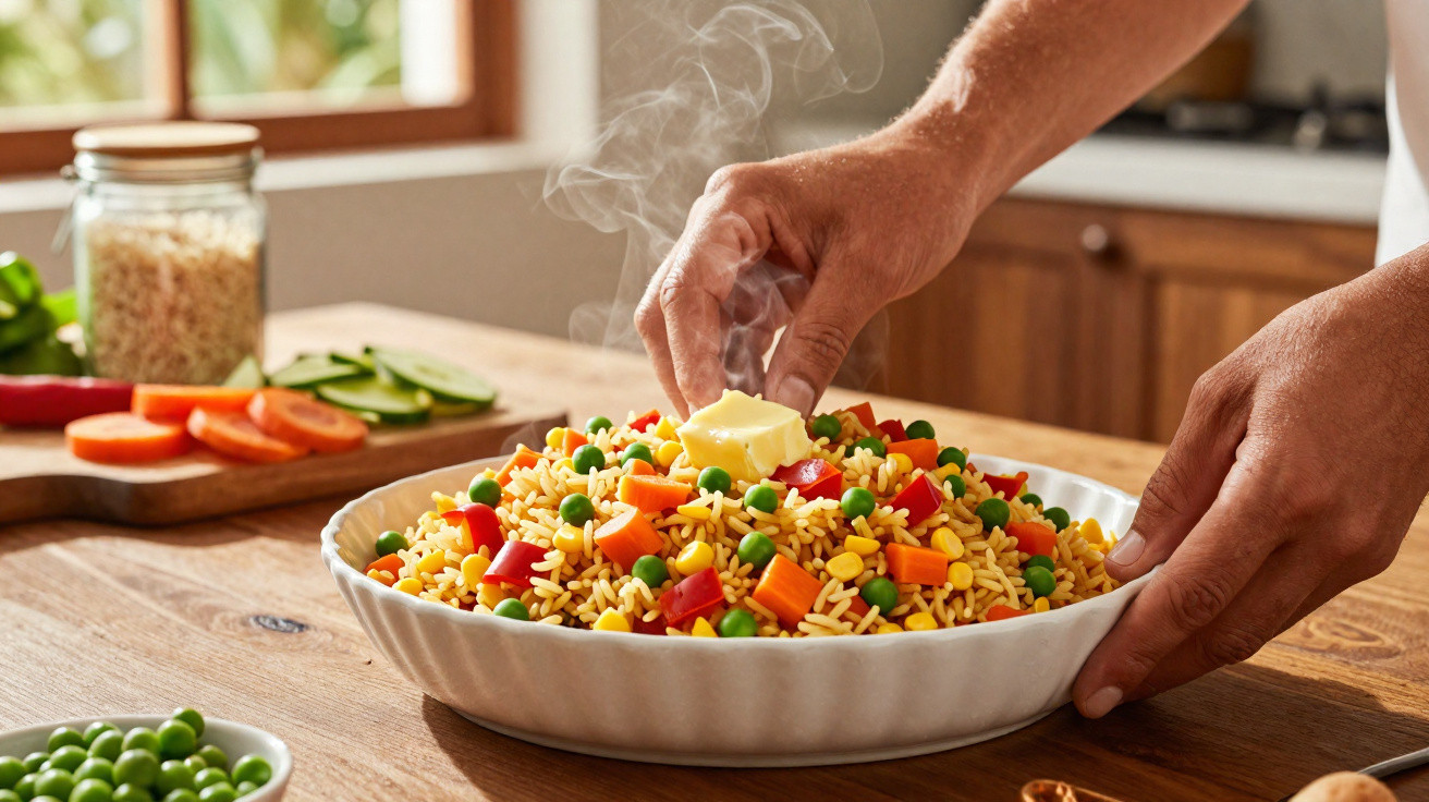 Prato com arroz colorido e legumes recebe pedaço de manteiga quente sendo colocado por duas mãos.