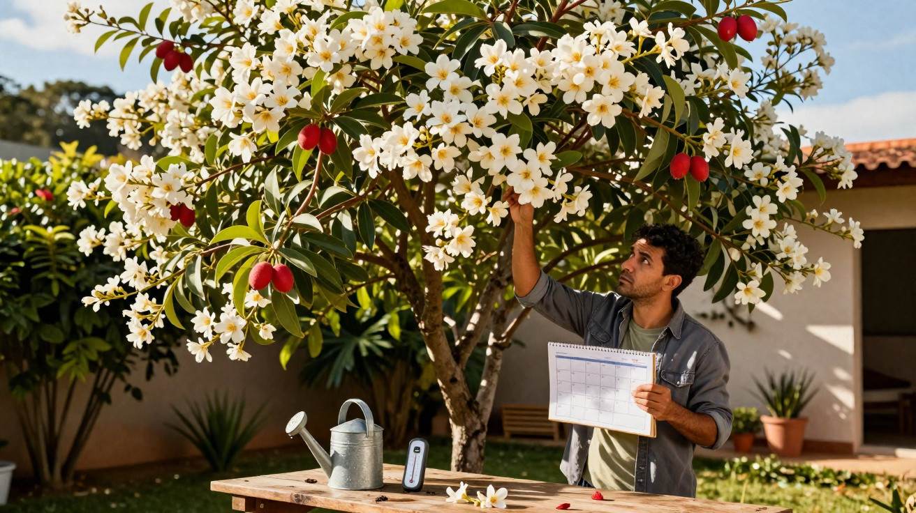 Homem observa e anota detalhes de árvore florida com frutos vermelhos em jardim ensolarado.