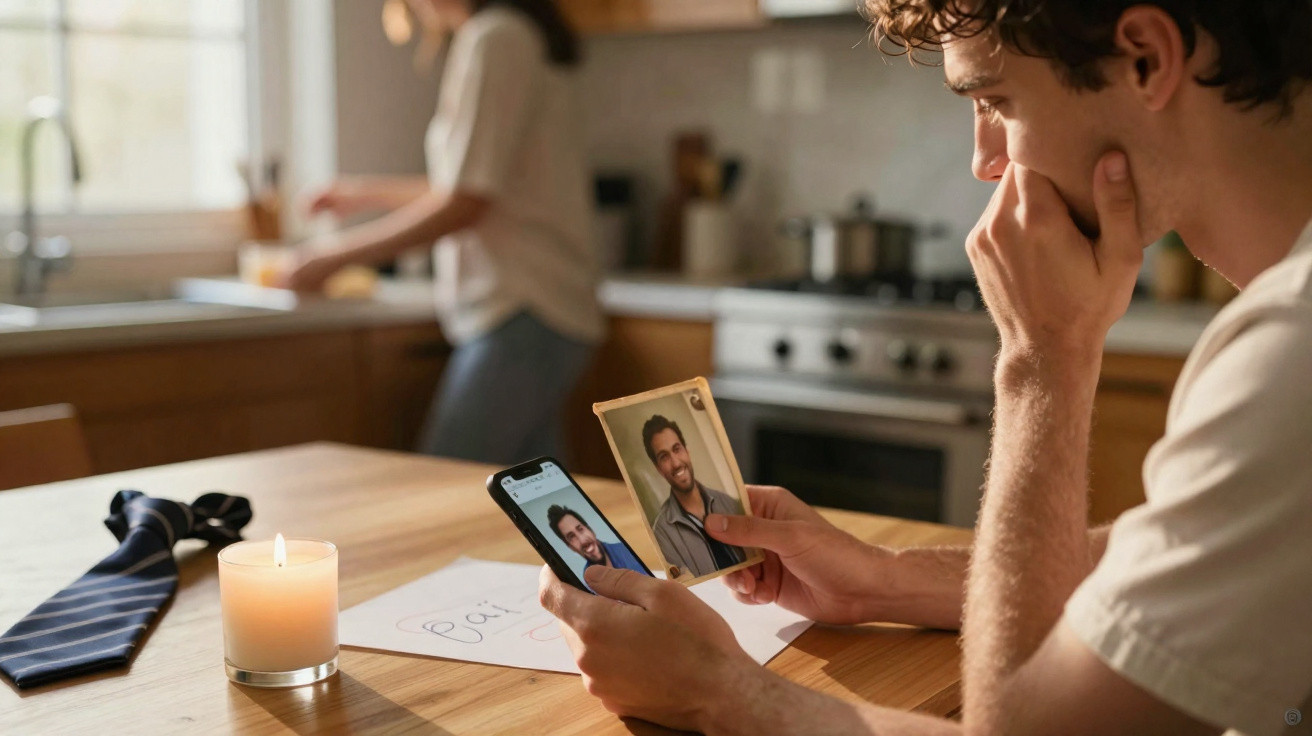 Homem em mesa olha com tristeza foto e celular com imagem do mesmo homem, vela acesa e bilhete "Pai".