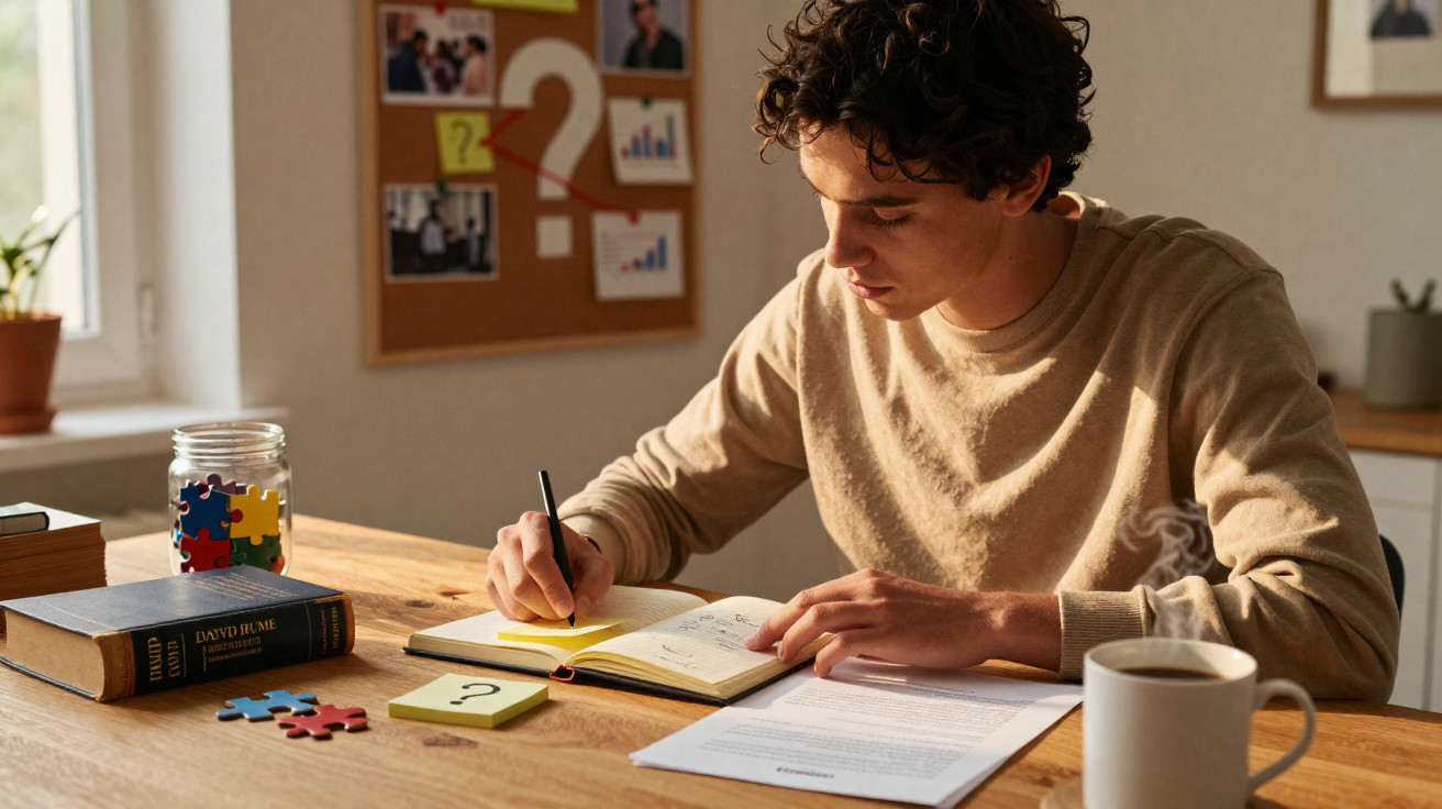 Jovem sentado escrevendo em caderno com livros, quebra-cabeça e xícara de café na mesa iluminada por luz natural.