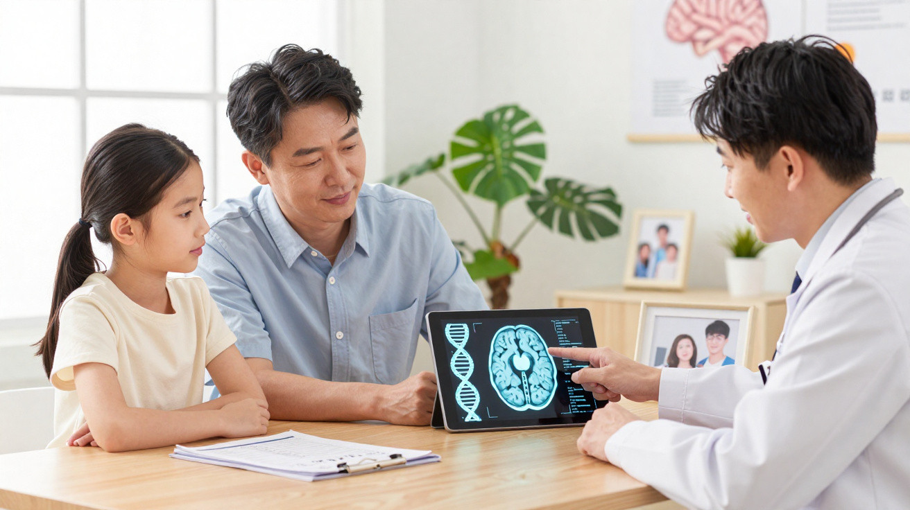 Médico explica exame cerebral a pai e filha em consultório com imagens de DNA e cérebro no tablet.