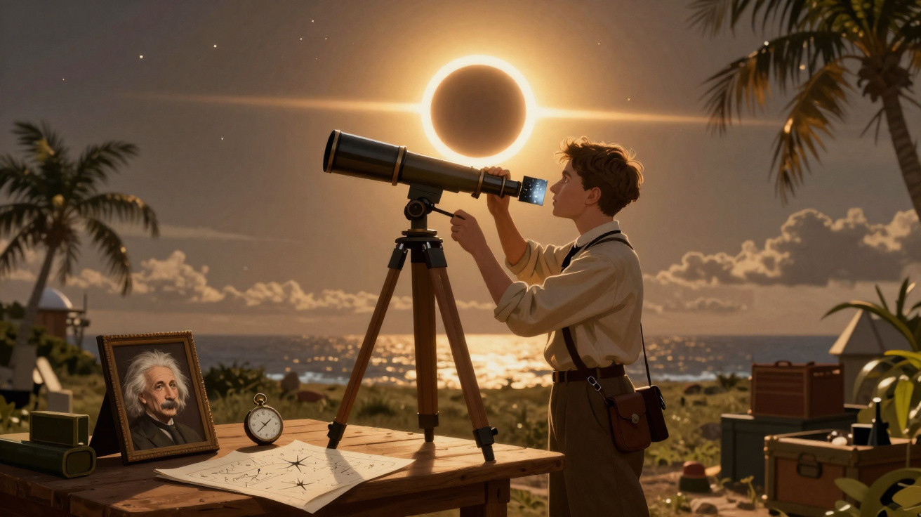 Jovem observa eclipse solar através de telescópio em cenário ao pôr do sol com objetos científicos ao redor.