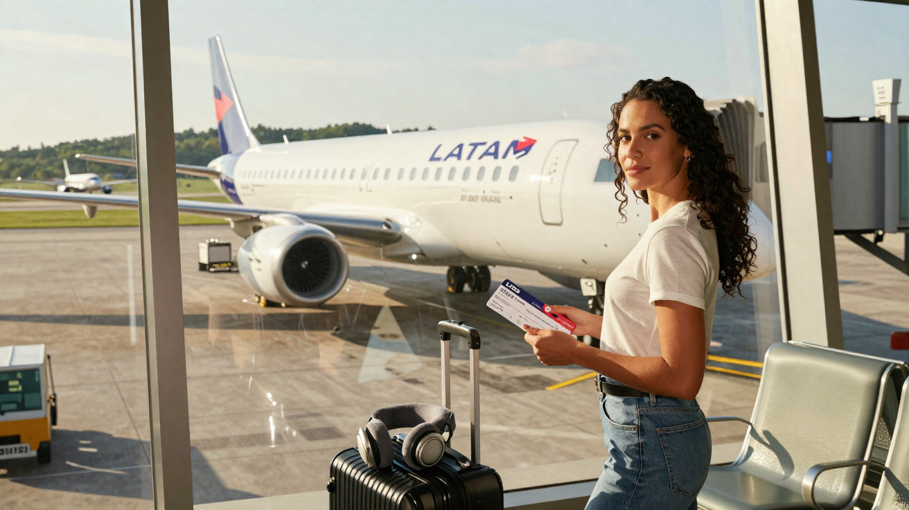 Mulher com passagem e mala, aguardando em aeroporto com avião LATAM ao fundo.