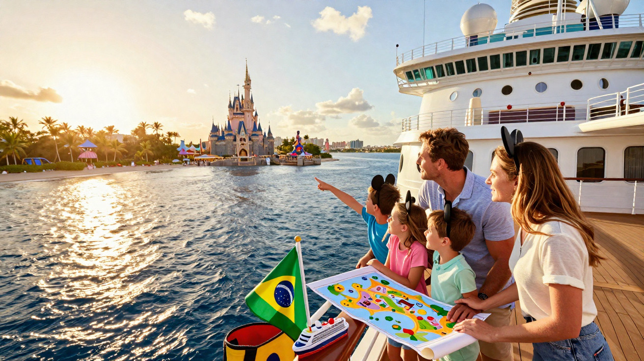 Família com orelhas do Mickey em cruzeiro olhando para o castelo da Disney ao pôr do sol.