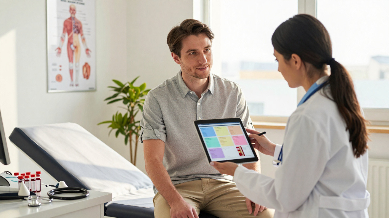Paciente sentado consulta médica com médica mostrando informações em tablet em consultório iluminado.