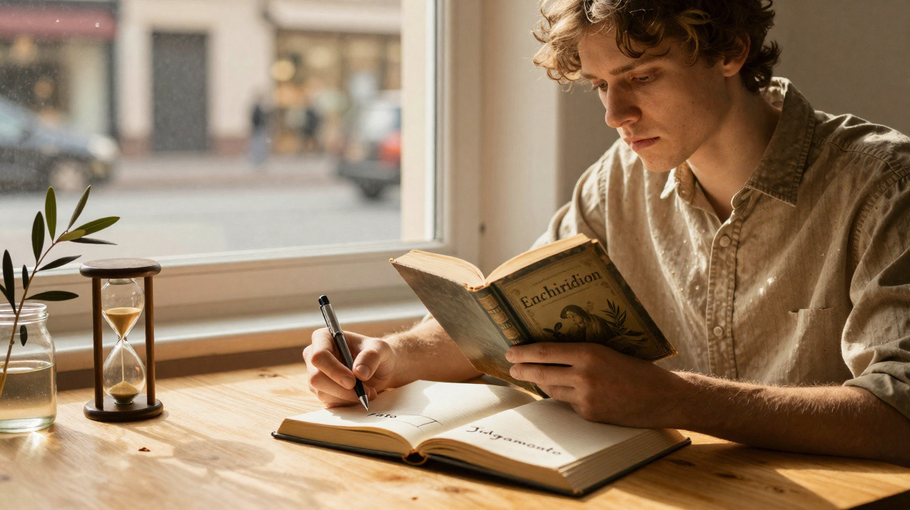 Jovem lendo um livro e fazendo anotações em um caderno em uma mesa próxima à janela.