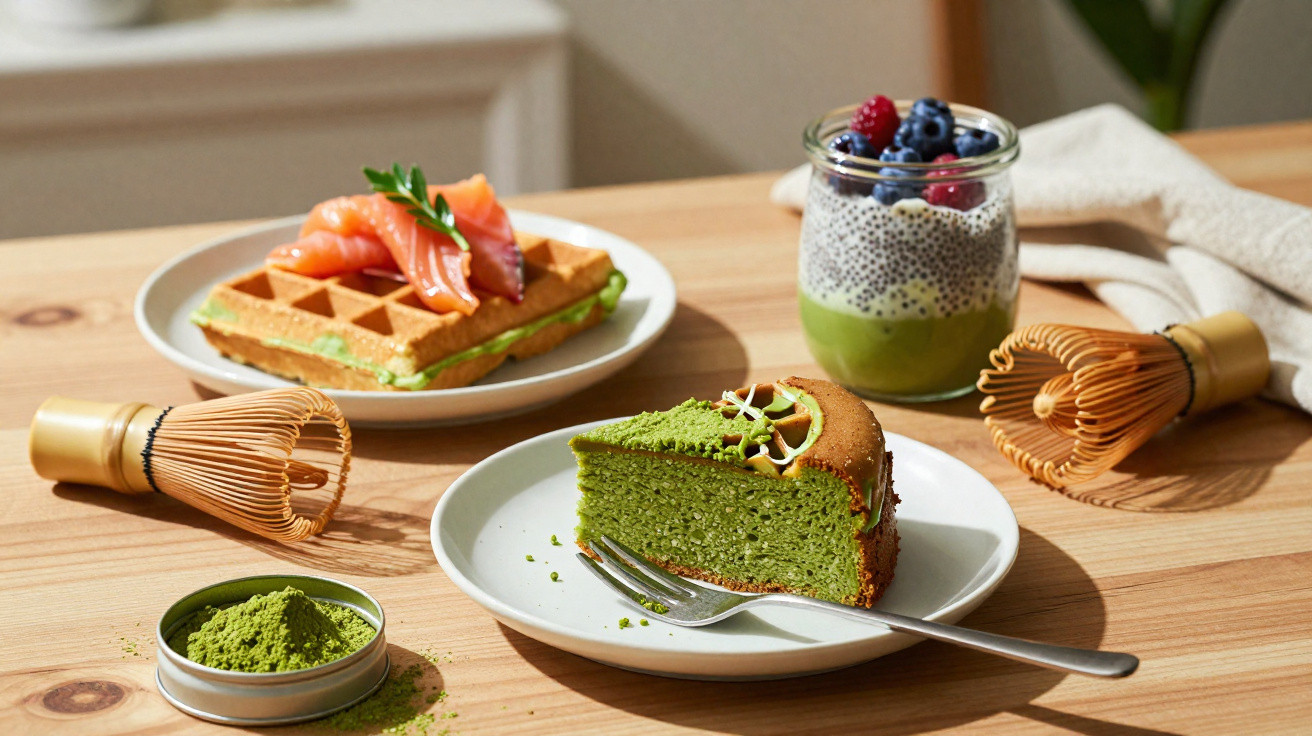 Fatia de bolo verde, waffle com salmão, chia com frutas e pó verde em mesa de madeira.