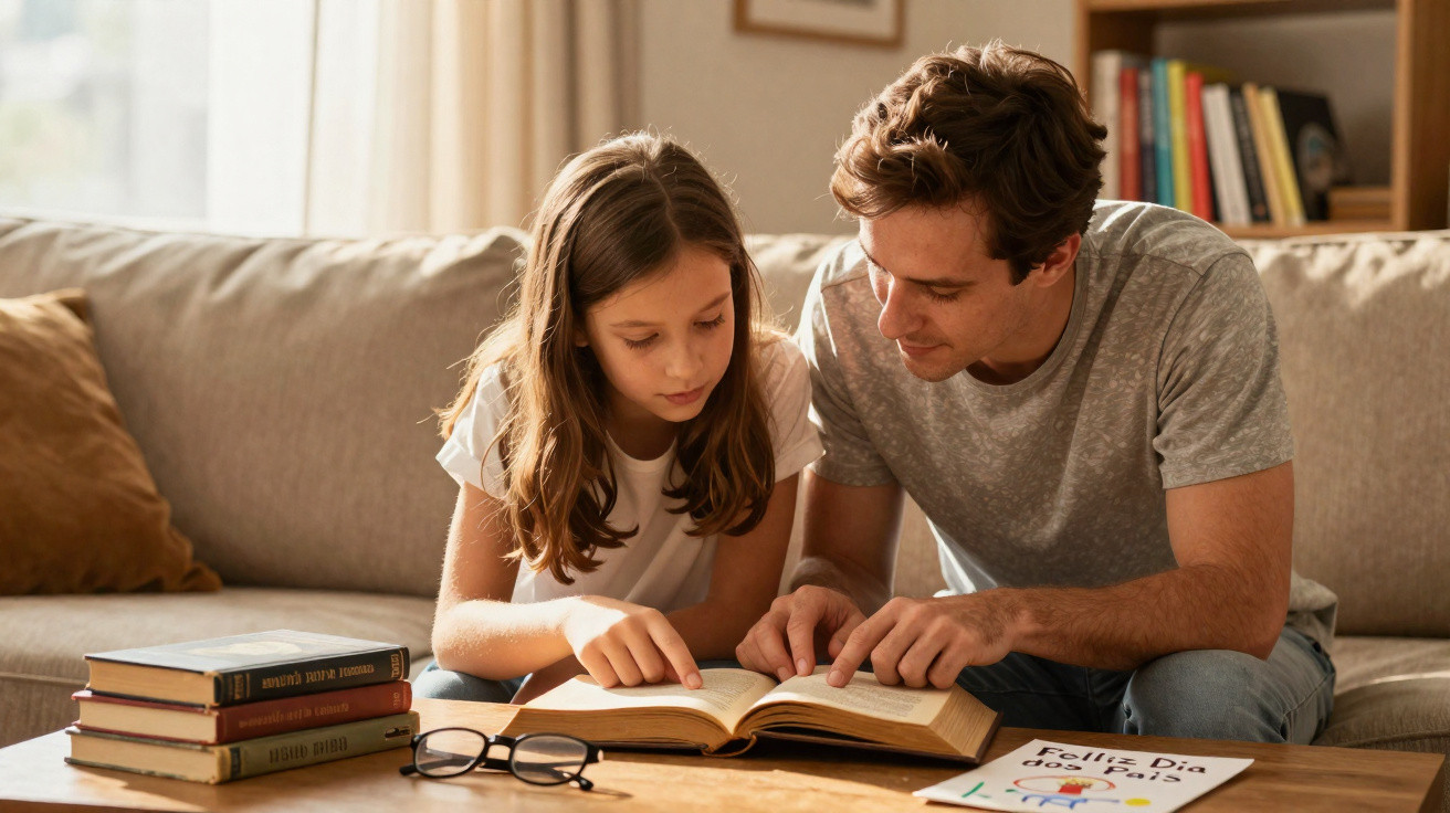 Pai e filha lendo livro juntos no sofá em ambiente aconchegante com vários livros na mesa.