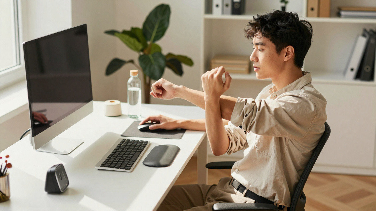 Homem sentado em escritório em casa alongando o braço enquanto trabalha no computador desktop.
