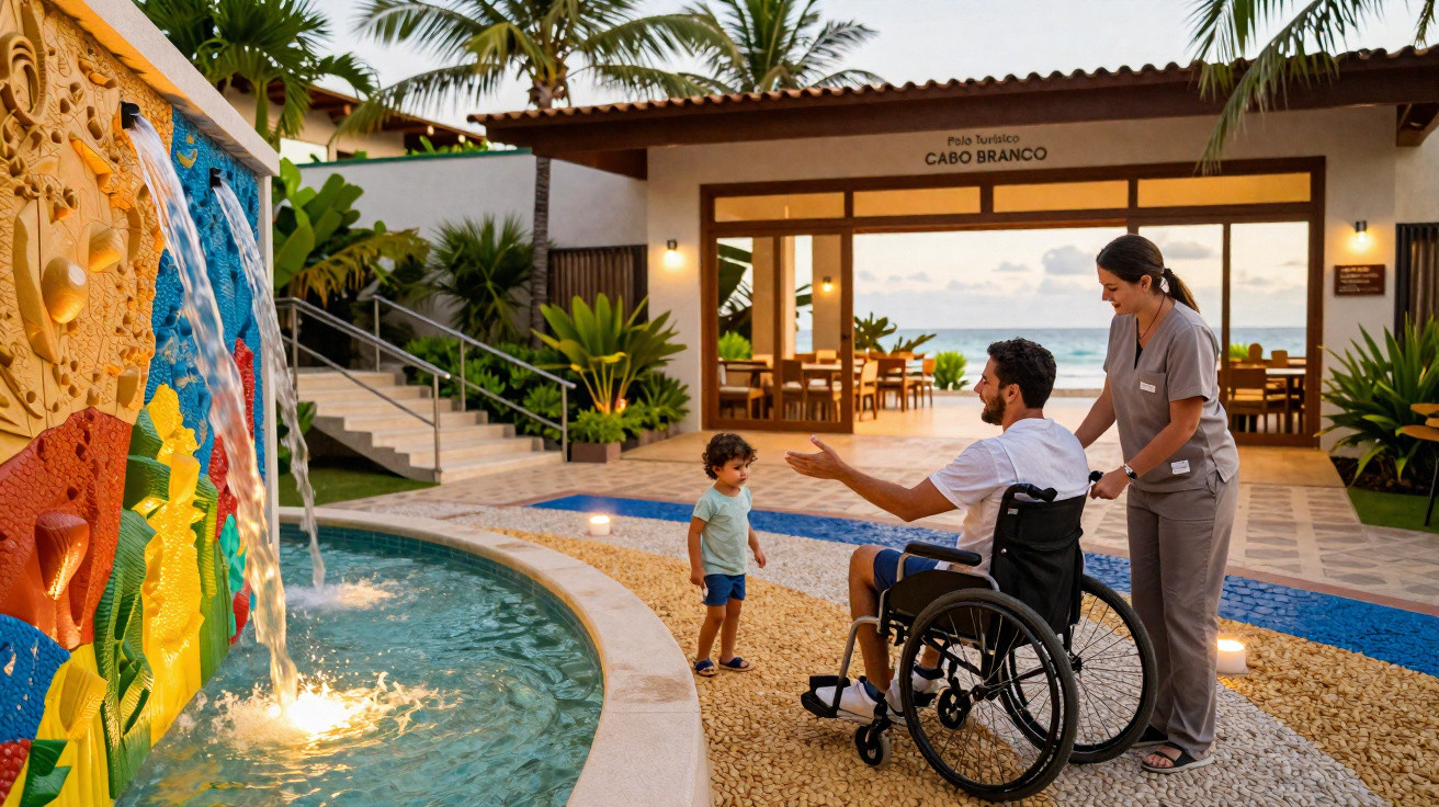 Homem em cadeira de rodas, criança e cuidadora próximos a fonte colorida em resort à beira-mar.