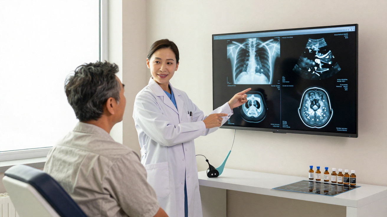 Médica explicando exames de raio-x e ultrassom para paciente sentado em consultório.