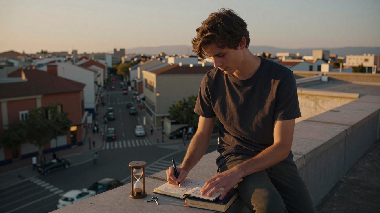 Jovem sentado em muro escrevendo em caderno ao entardecer, com ampulheta ao lado e vista da cidade ao fundo.