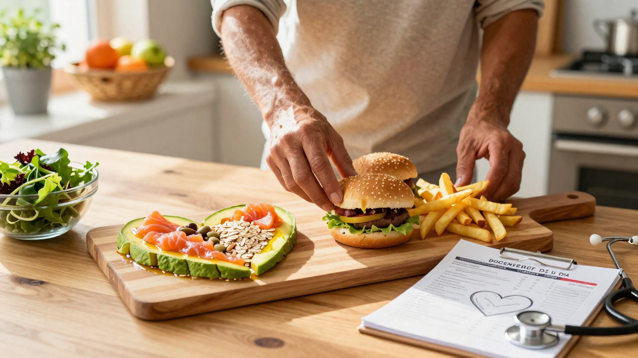 Pessoa escolhendo hambúrguer e batatas fritas em bancada com salada e lanche saudável em formato de coração.