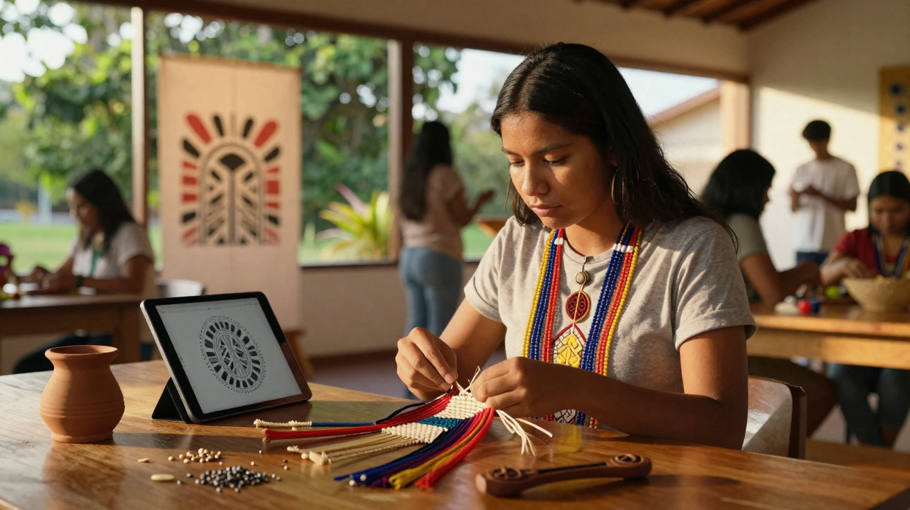 Mulher indígena confecciona artesanato com miçangas coloridas em ambiente aberto e iluminado.