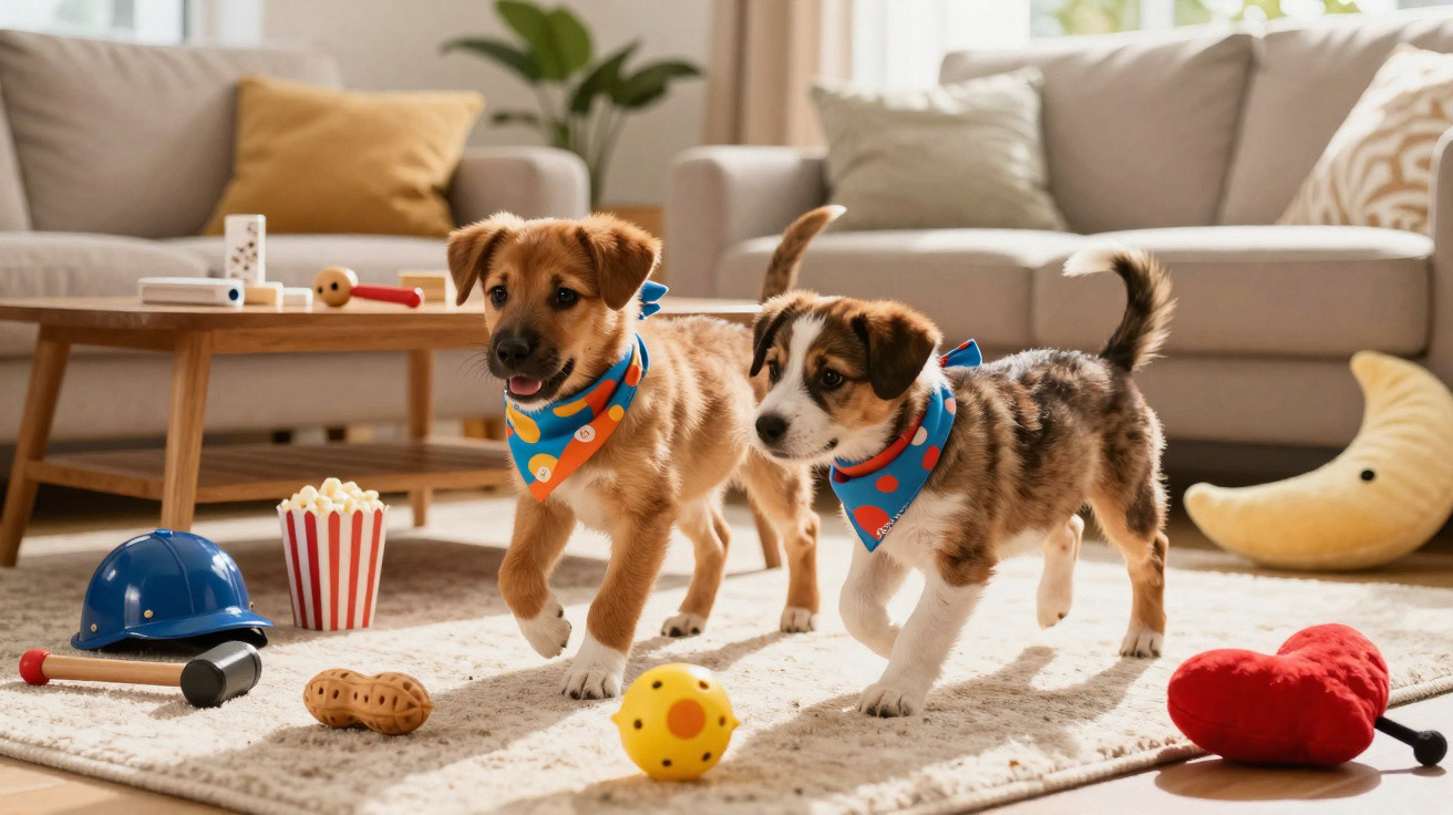 Dois filhotes de cachorro com bandanas coloridas brincando em sala de estar com brinquedos espalhados.