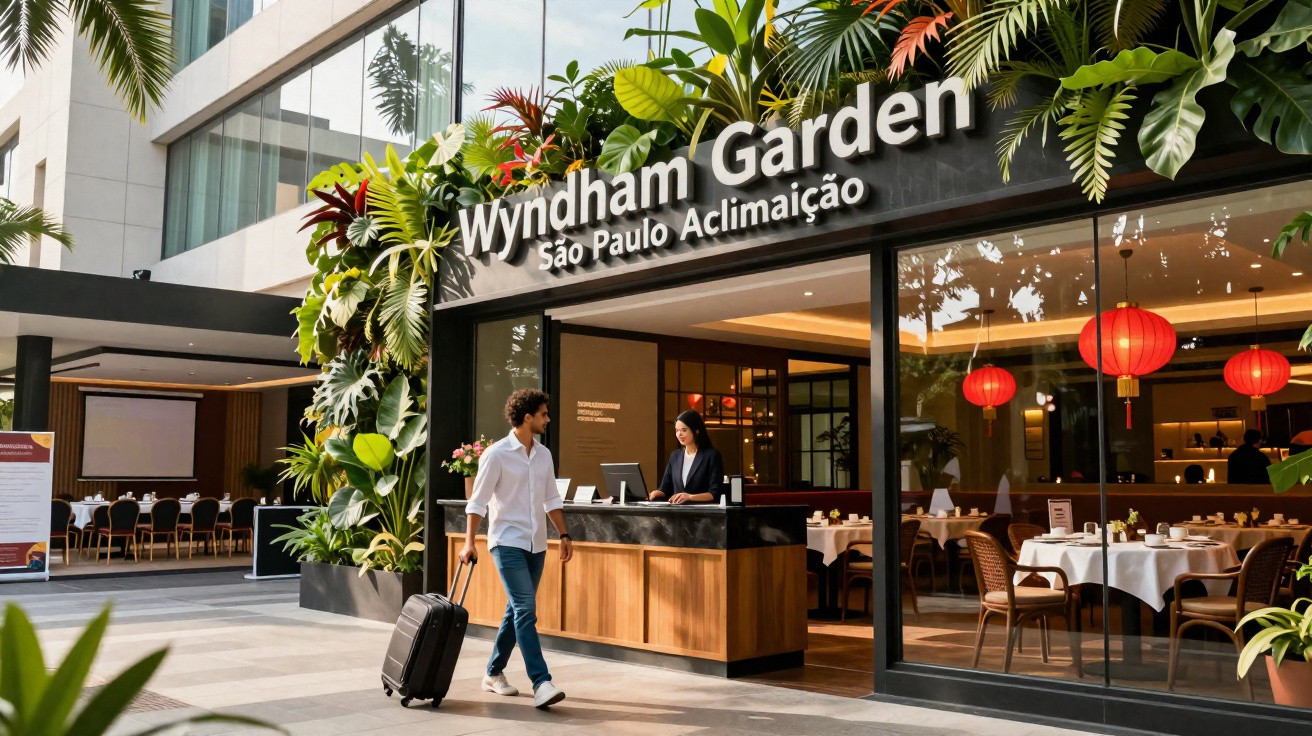 Entrada do hotel Wyndham Garden São Paulo Aclimação com homem puxando mala e recepcionista no balcão.