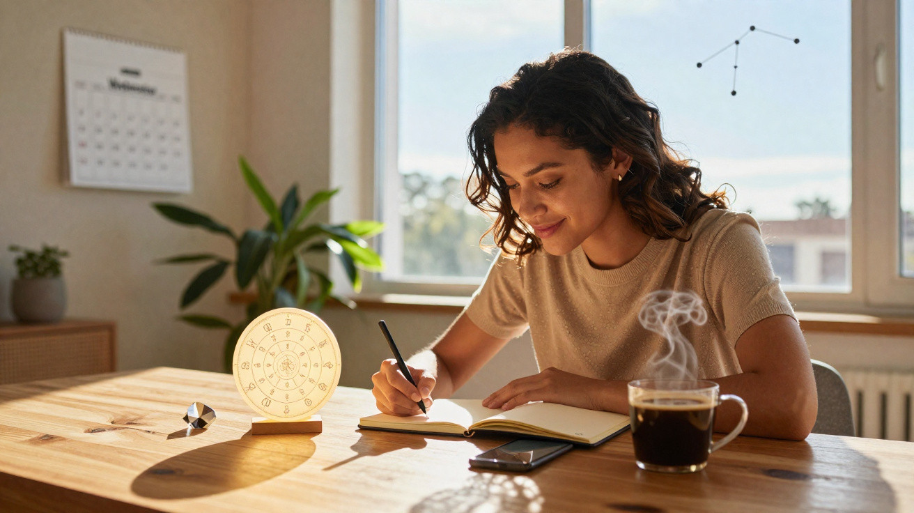 Mulher escrevendo em caderno numa mesa com café, lanterna e planta ao fundo em ambiente iluminado.