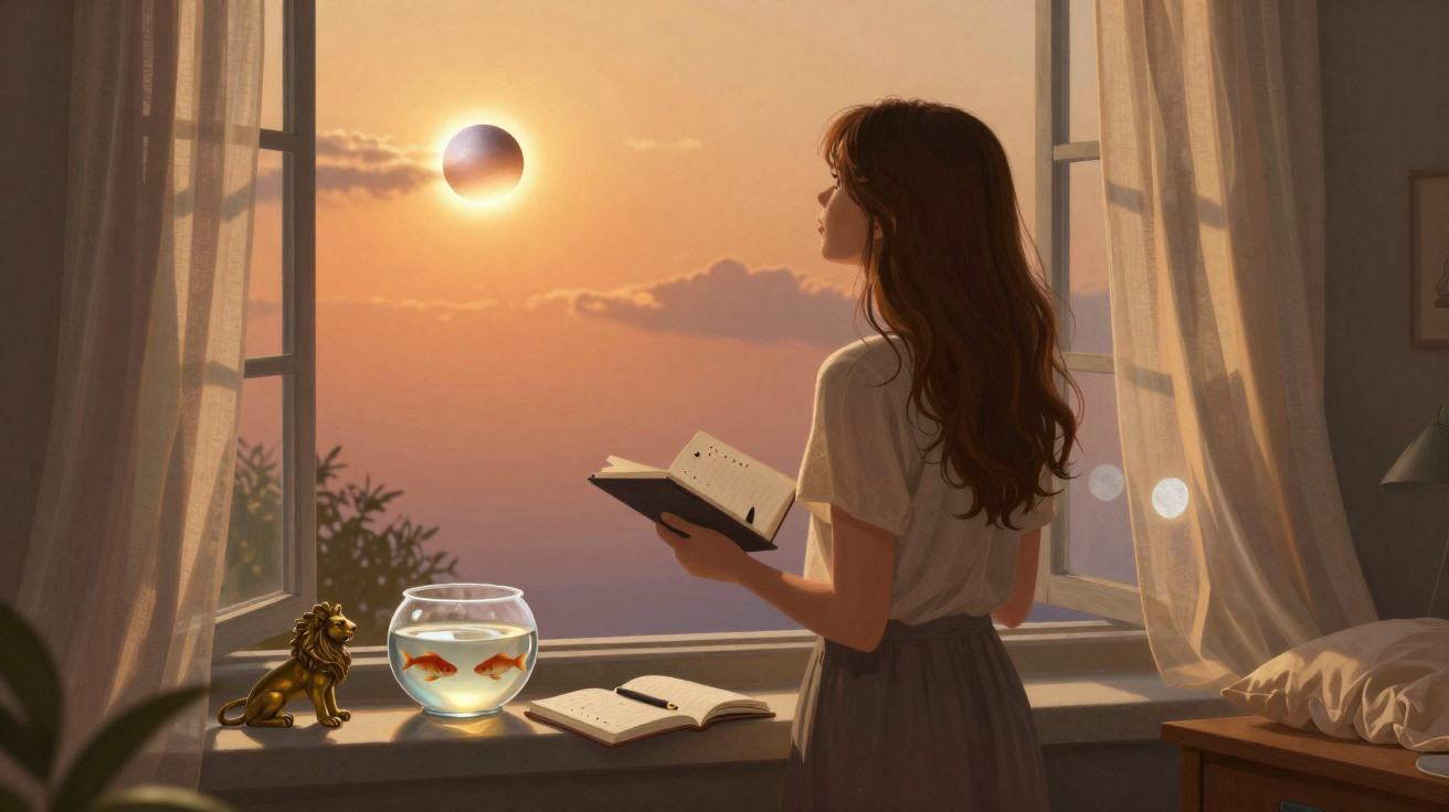 Mulher lendo livro perto da janela ao pôr do sol com eclipse solar e aquário com peixes dourados.