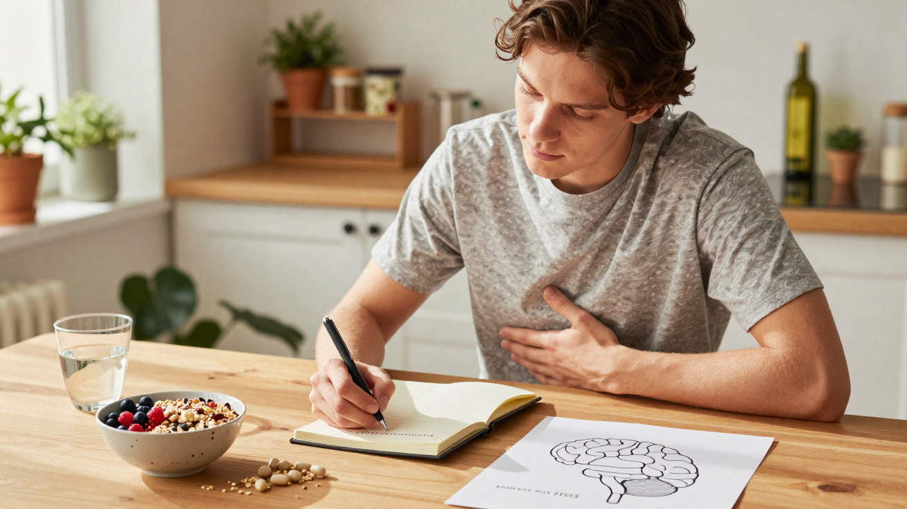 Jovem sentado à mesa escrevendo em caderno, com tigela de frutas e papel com desenho do cérebro à frente.