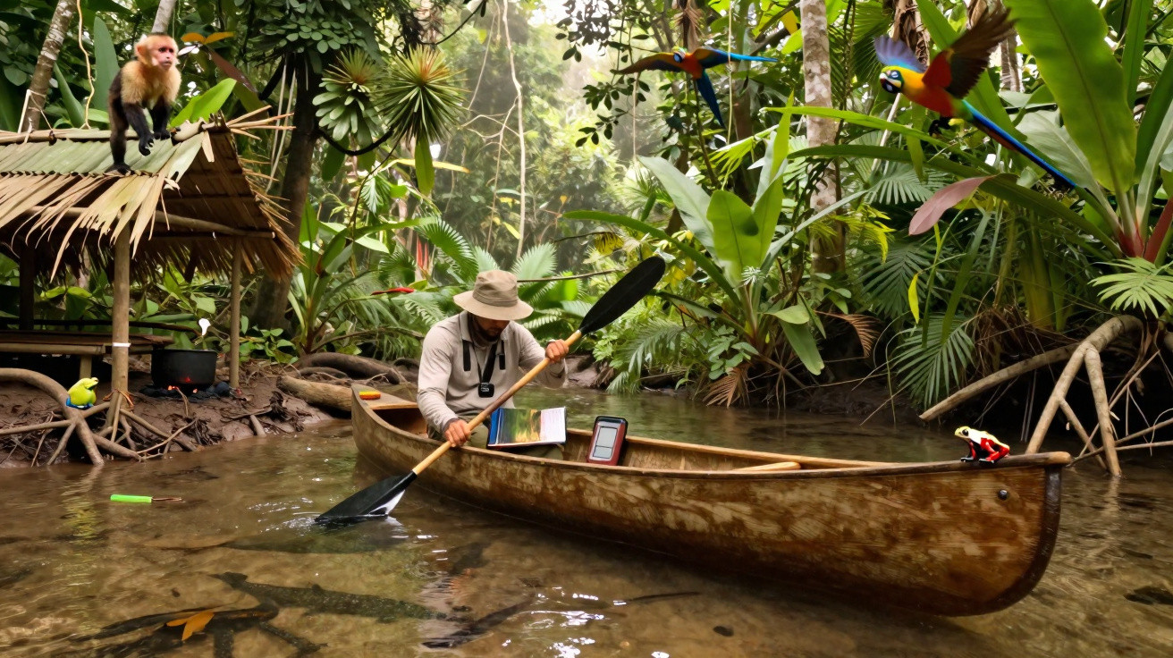 Pessoa remando em canoa de madeira em rio dentro da floresta tropical com animais ao redor.