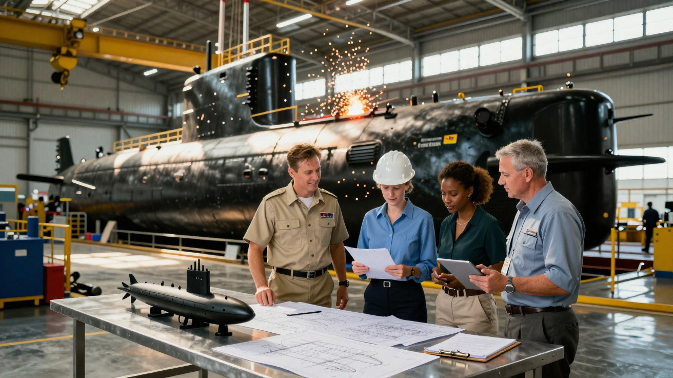 Equipe de engenheiros analisando projetos de submarino em oficina industrial com submarino ao fundo.